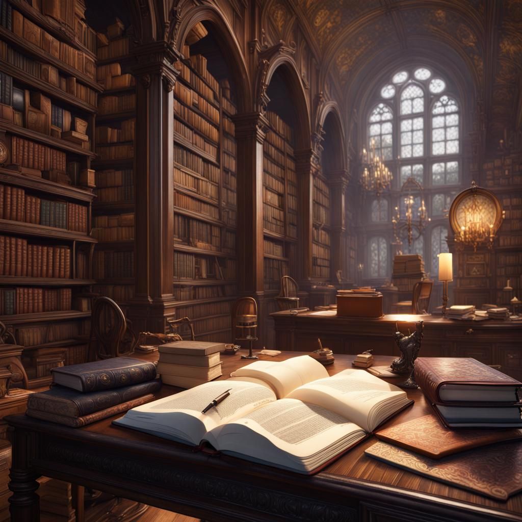 Library Study Desk: Detailed Matte Painting