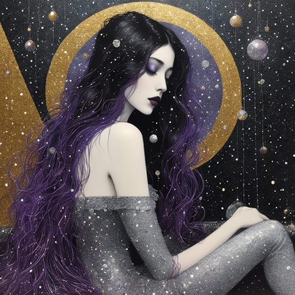 Sparkling 3D Charcoal Drawing of Woman in Cafe