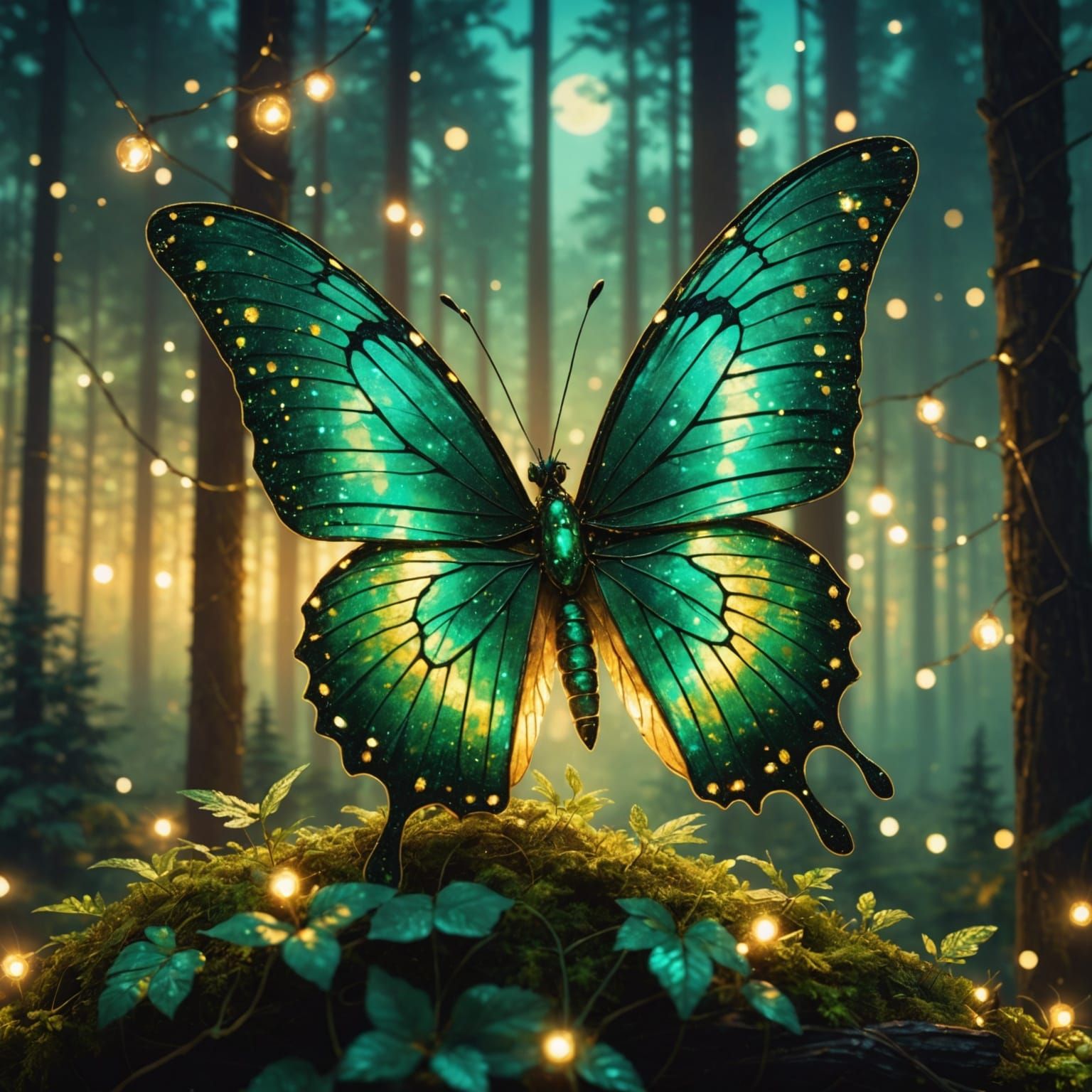 Emerald and Gold Butterfly in Forest City