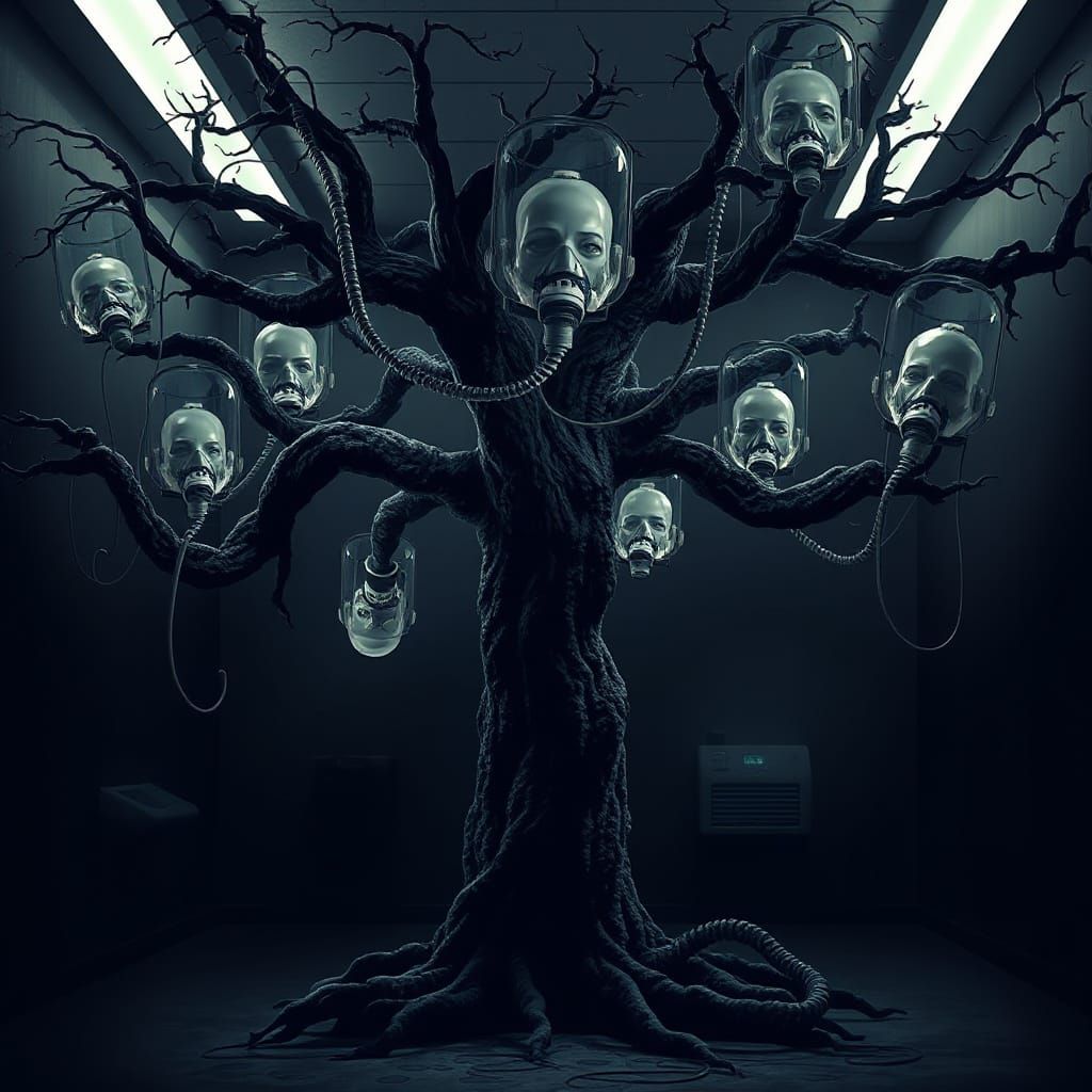 Surreal Tree of Life Support in a Haunting Hospital Scene