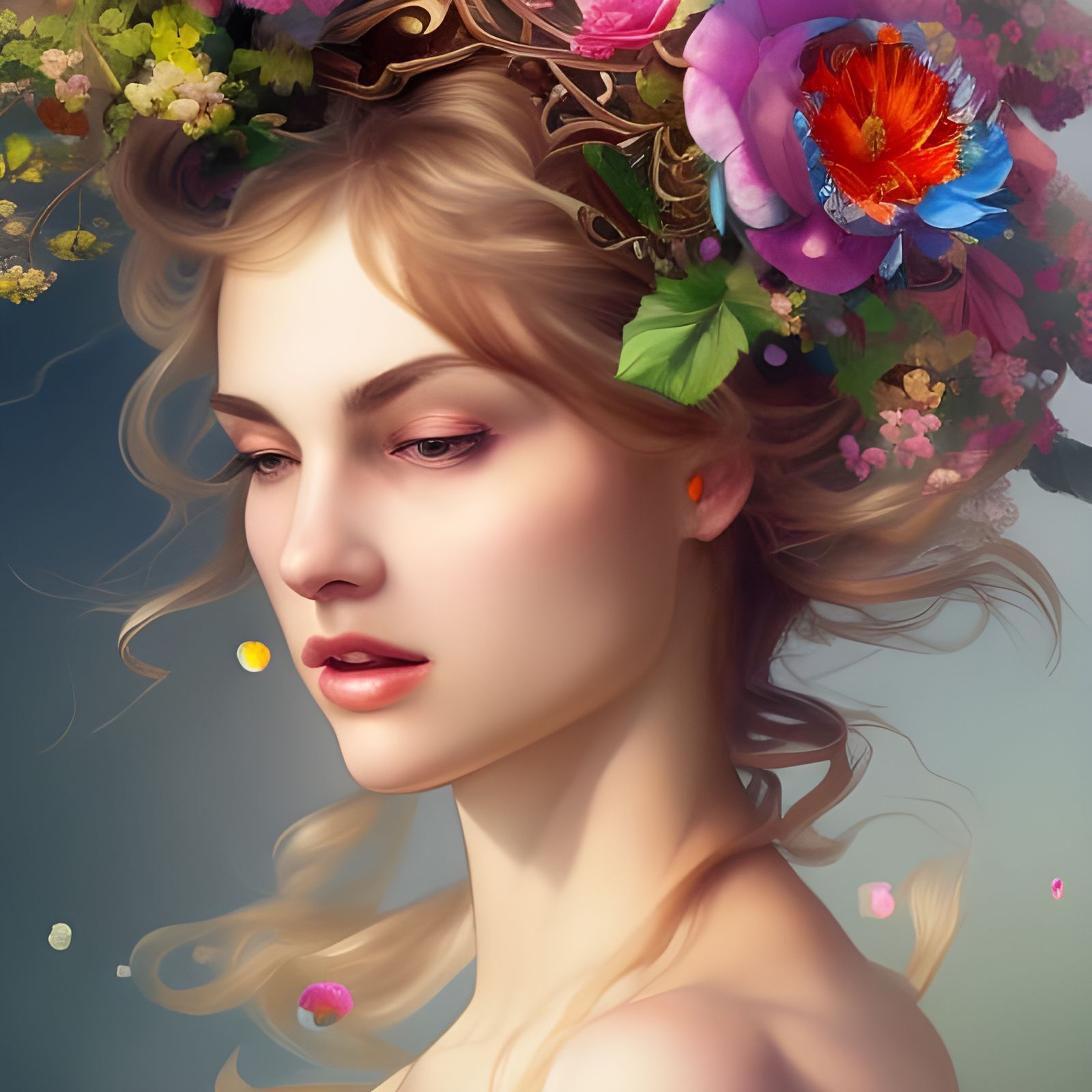 Woman with Rainbow Flower Crown: Hyperdetailed Portrait
