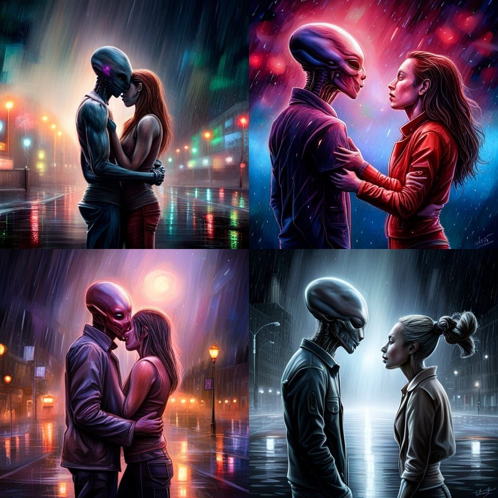 Hyperrealistic Aliens in Love on Rainy Night