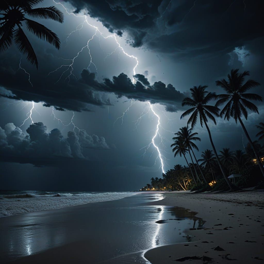 Electric Storm Unfolds on a Moonlit Beach