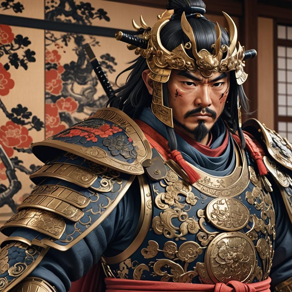 Japanese Daimyo Prepares for Battle in 3D Anime Style