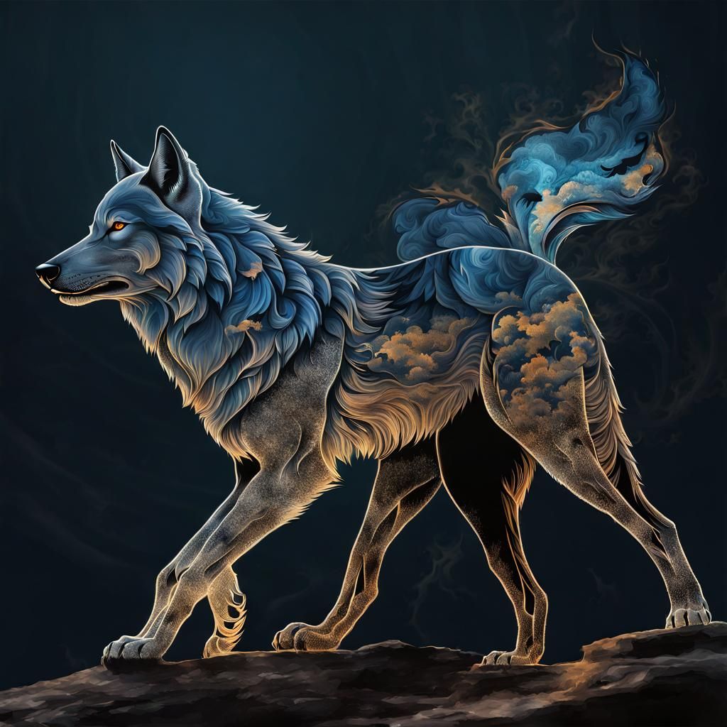 Mystical Wolf Silhouette with Blue Storm Double Exposure