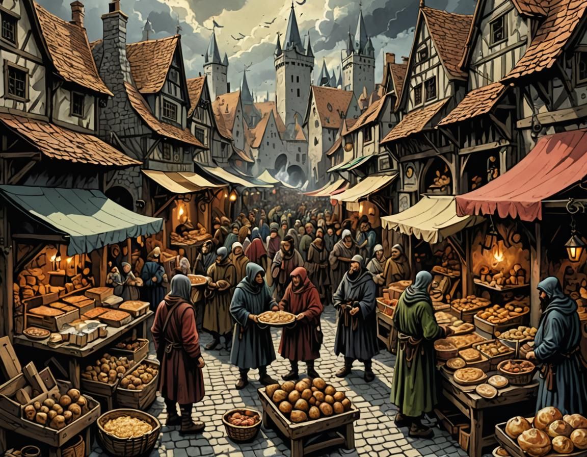 Bizarre Market in Medieval Town: 1970s Fantasy Art