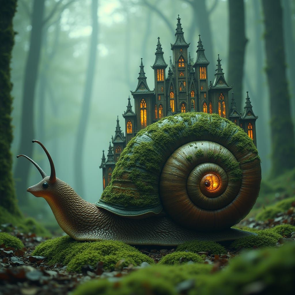 Gothic Cathedral Snail in Misty Forest