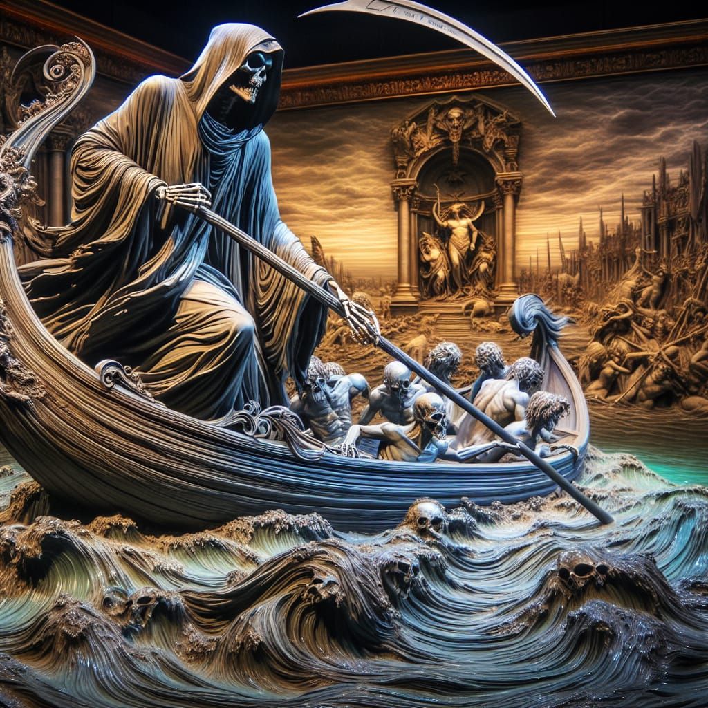 Grim Reaper Rows Boat on Mythical River
