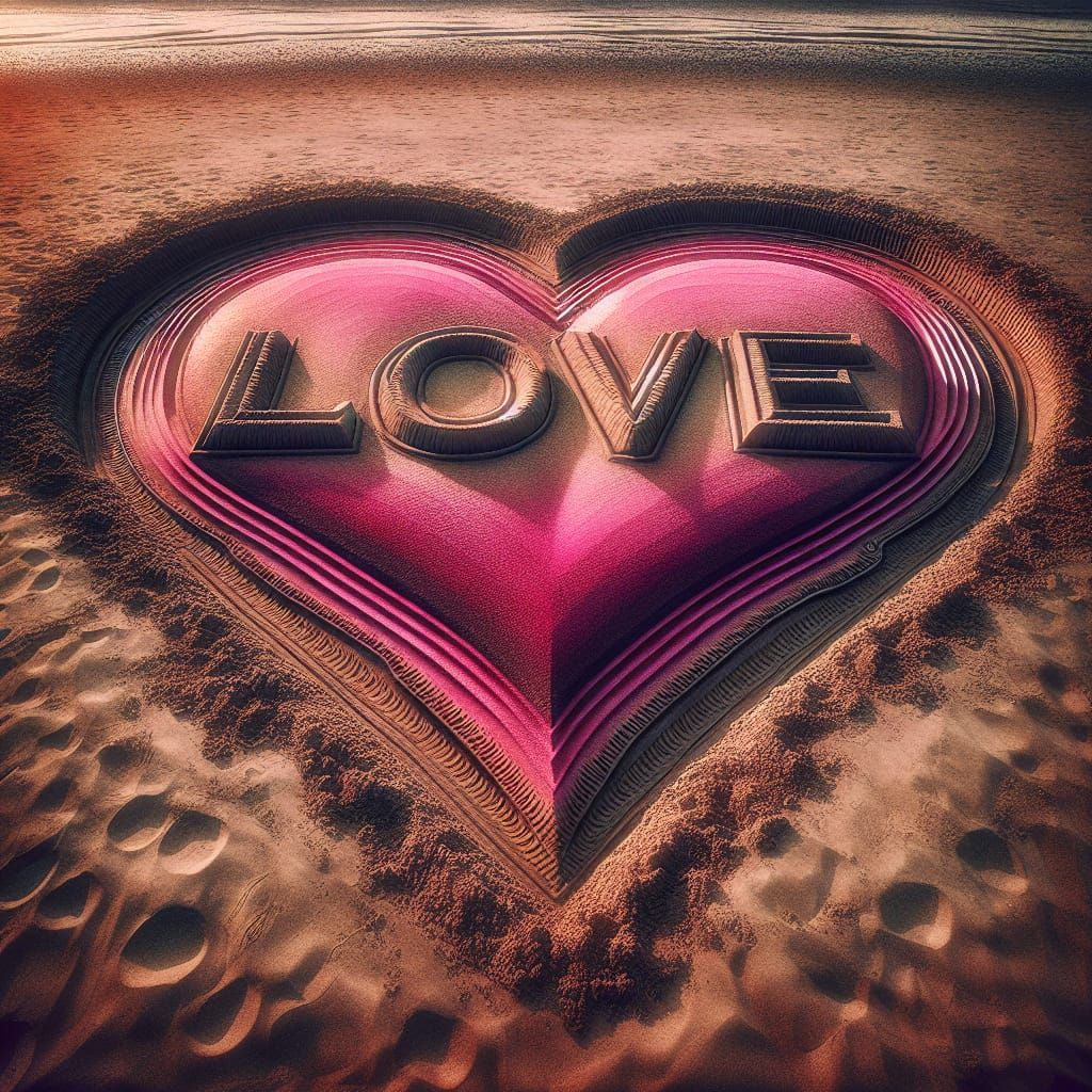 Romantic Beach Scene with Pink Heart and 'LOVE' Text