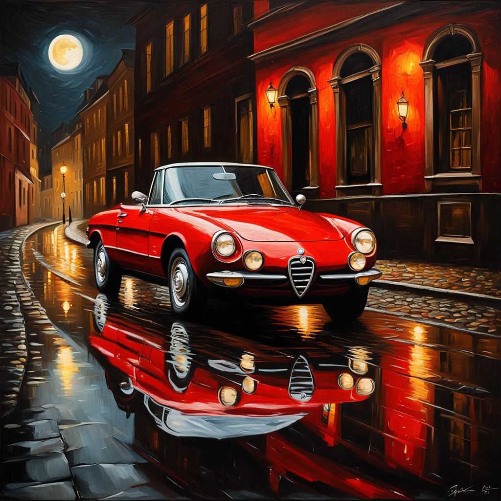 Alfa Romeo Spider in Rainy City, Rembrandt Style