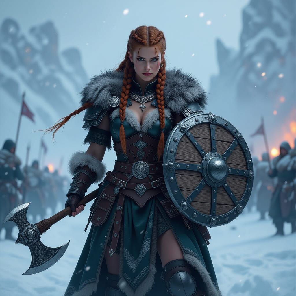 Viking Shieldmaiden in Blizzard, Hyperdetailed Art Nouveau S...