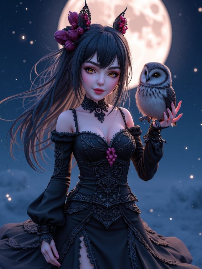 Mysterious Girl with Owl Holding Moon in Anime Style