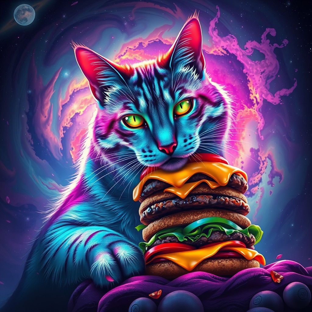 Iridescent Space Cat Devouring Intergalactic Burgers