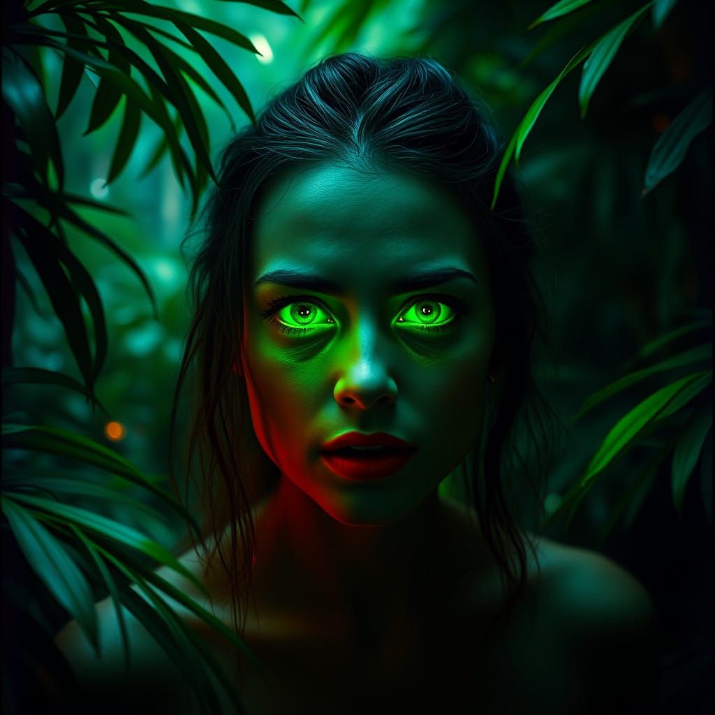 Ethereal Green Glow Consumes Rainforest Woman