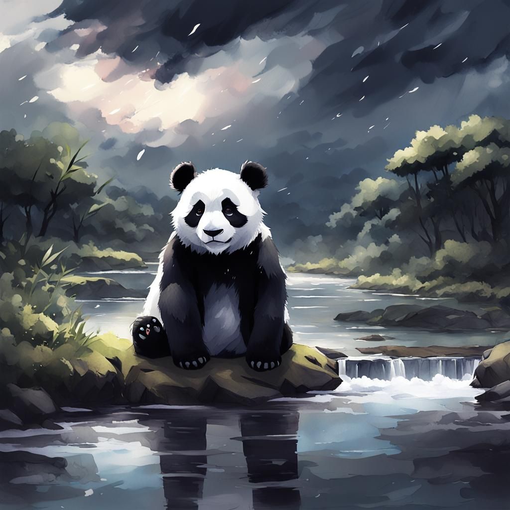 Moody Watercolour Panda in Stormy Anime Style