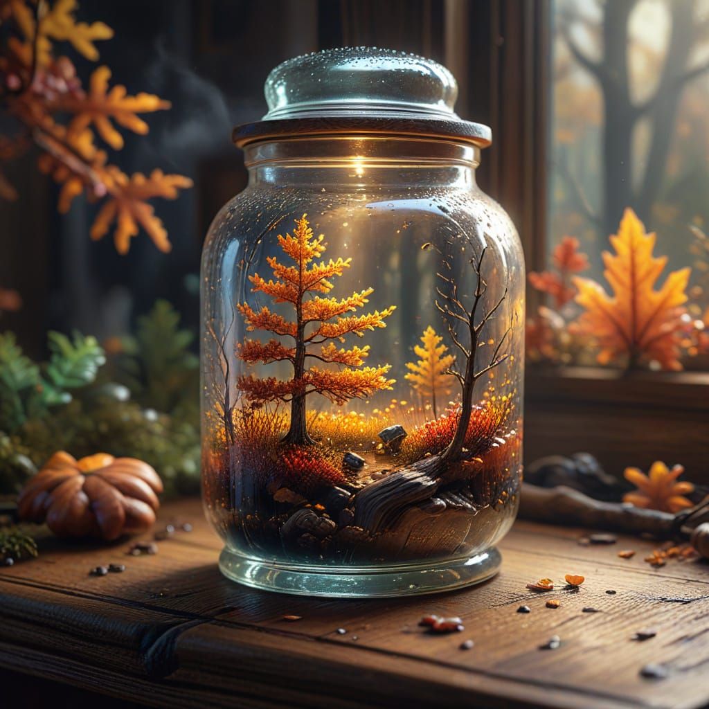 Autumn Forest in Antique Jar: Digital Art