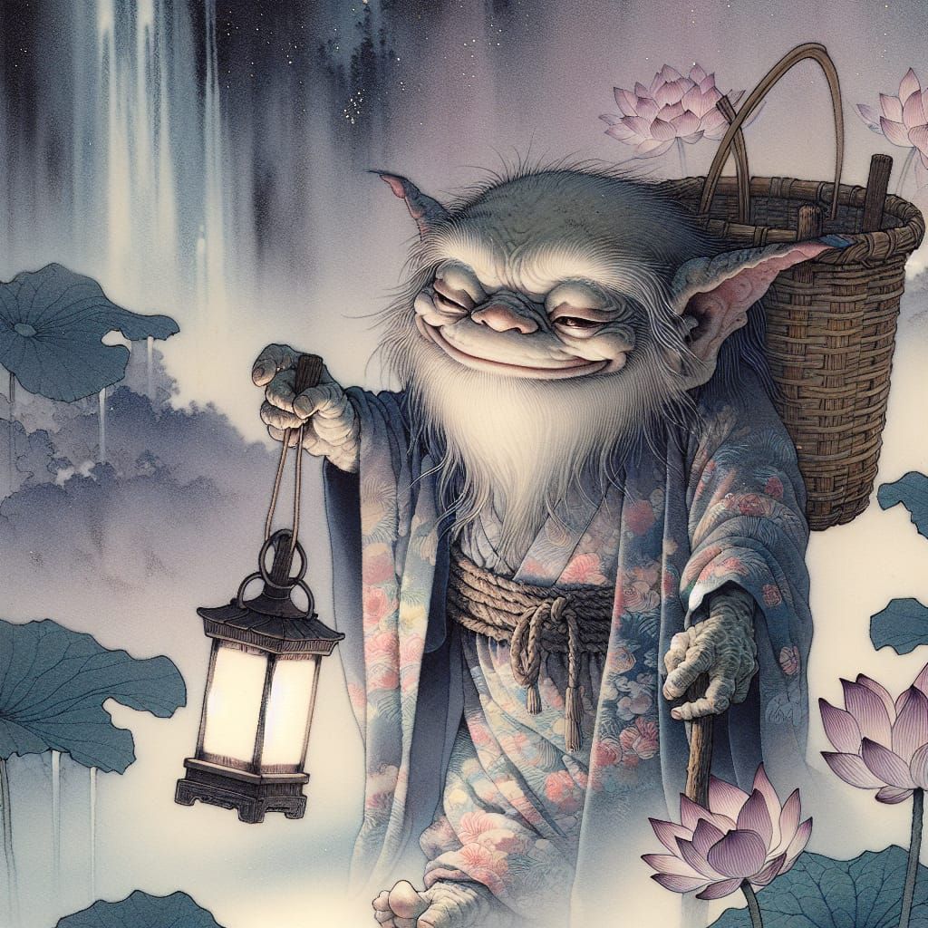 Gremlin with Lantern in Ukiyo-e Dreamscape