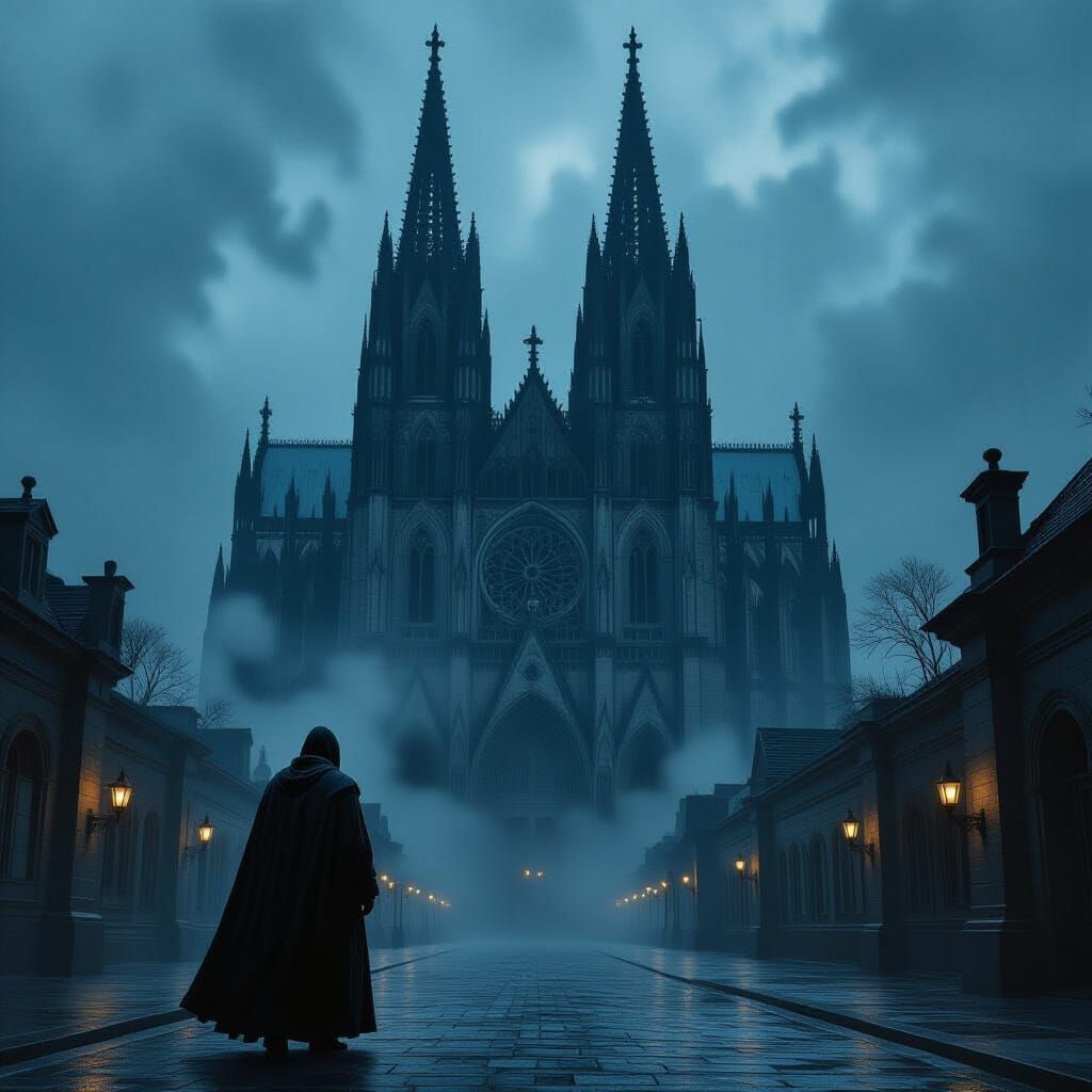 Man Before Ancient Cathedral in Stormy Twilight