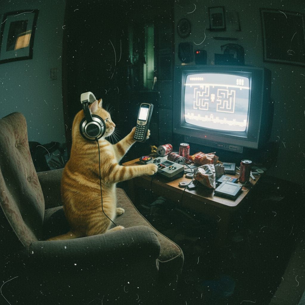 Cat Gamer Selfie with Headphones, Shaky Wide-Angle Shot