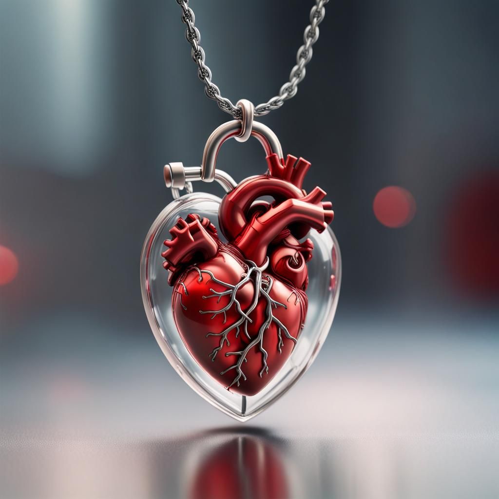 A vey tiny miniature. delicate detailed, Anatomical Necklace of a Realistic Human Heart lock Pendant glass see through t...