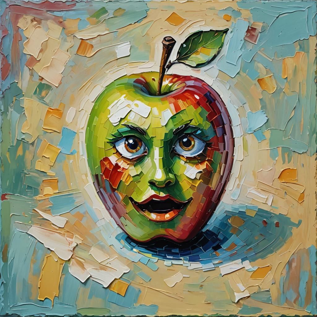 Whimsical Apple with Face in Expressionist Style