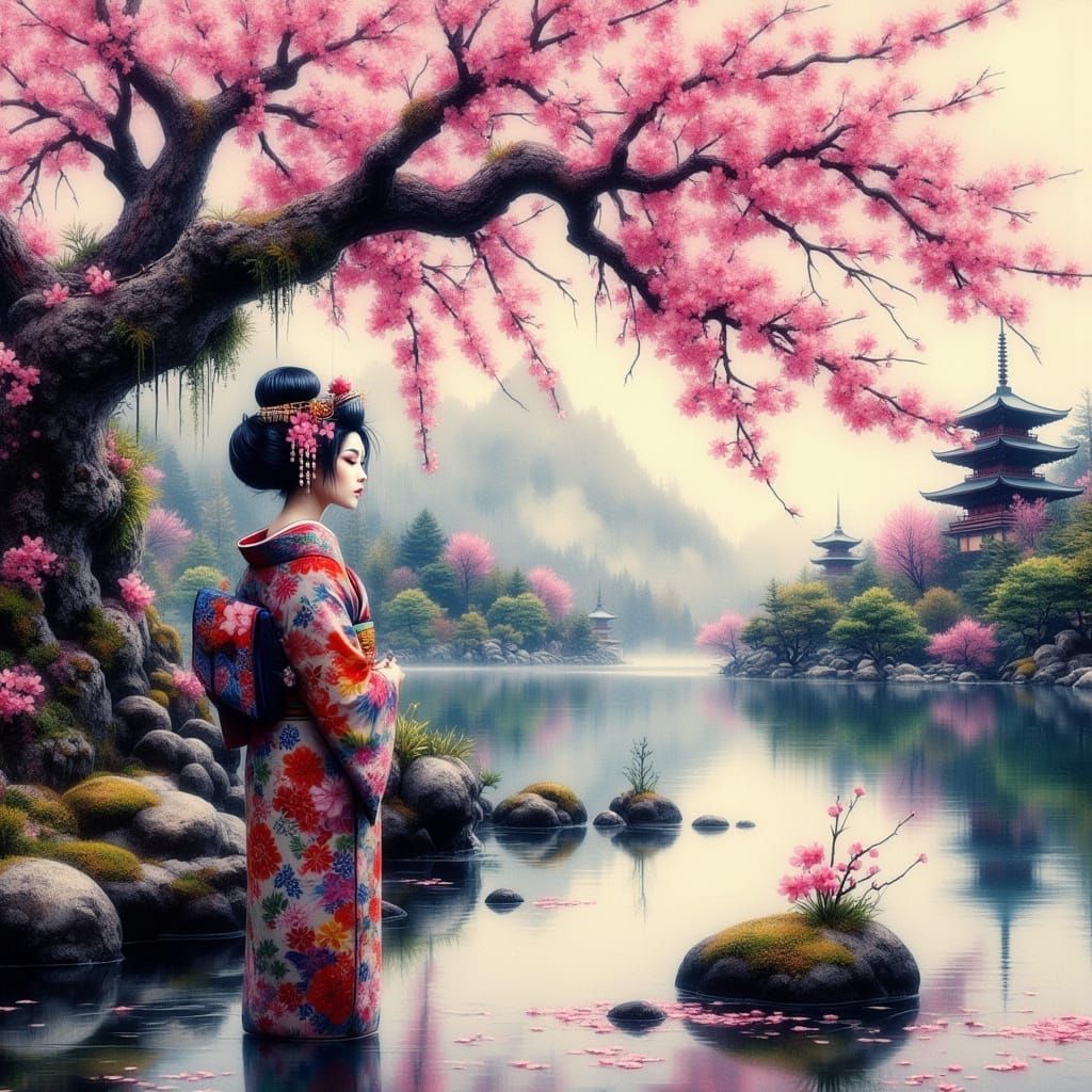 Geisha Under Sakura Tree, Japanese Art Style