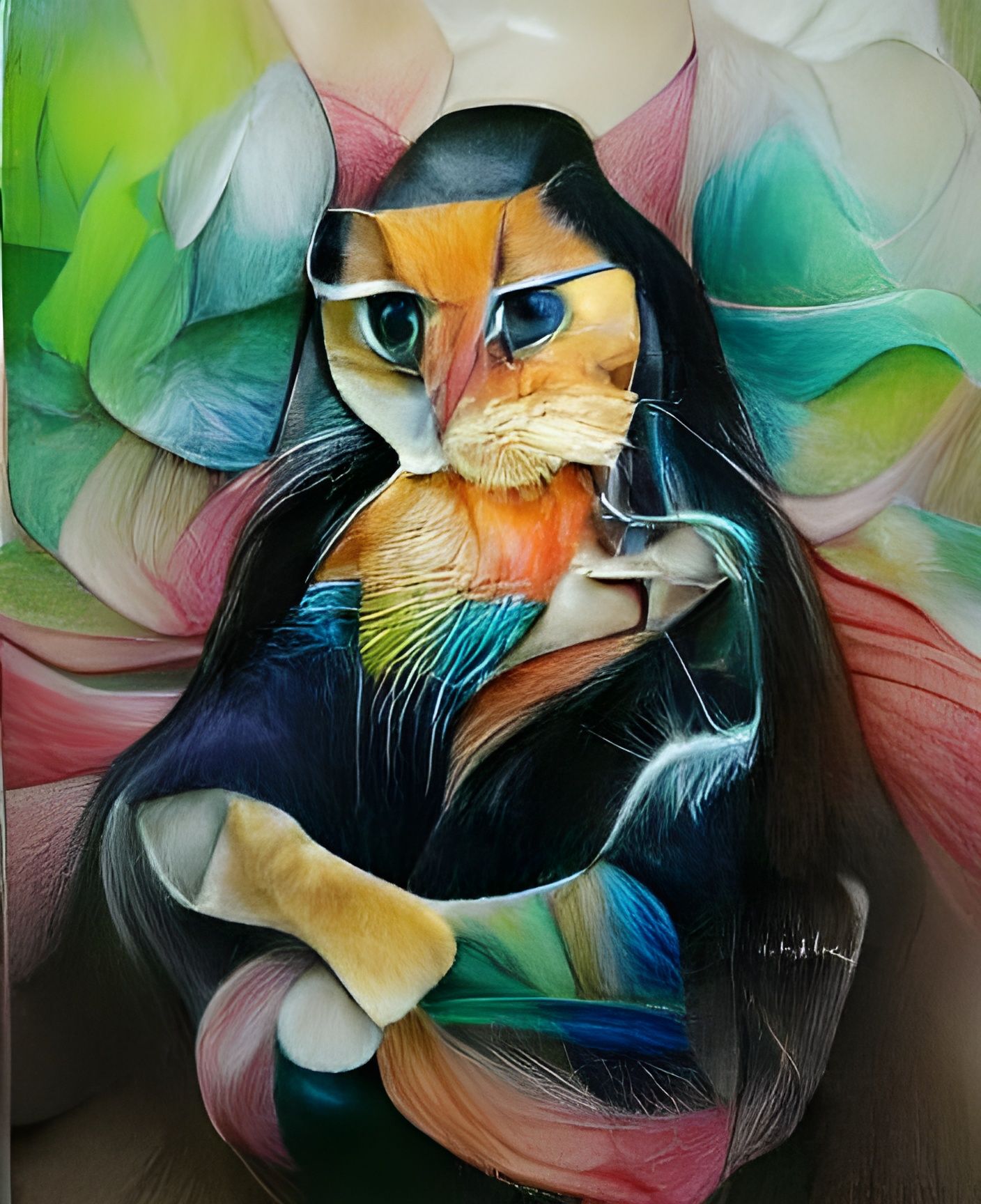 Cat Mona Lisa in Cubist Chalk Art Style