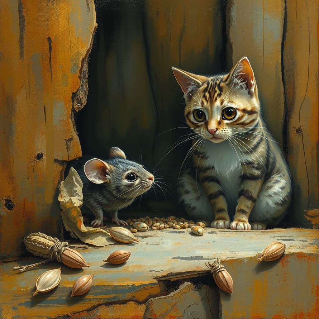 Whimsical Feline Observer in Rustic Grain Store, Soft Focus