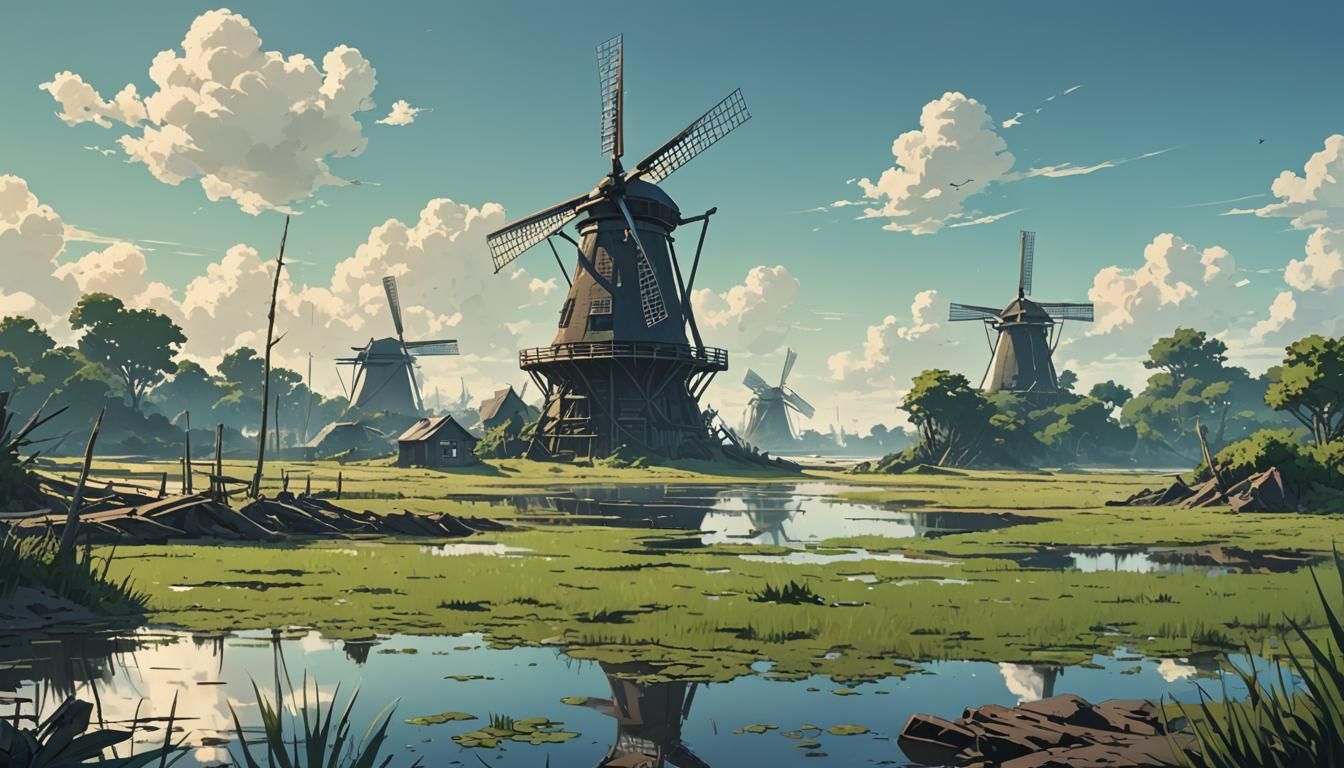 Surreal Beach Swamp Windmills: Manga Anime Art