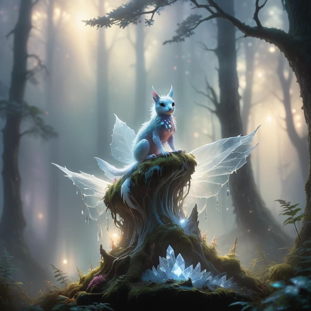 Nommo Creature in Mystical Forest, Thomas Kinkade Style