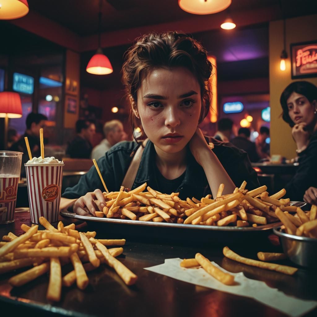 Neo-Noir French Fries in Dimly Lit Diner