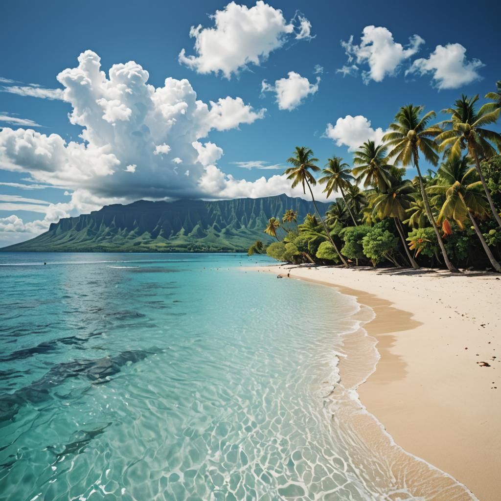 Tropical Summer Beach Scene with Bold Text Overlay