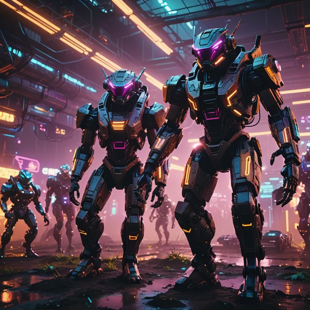 Neon Farm Managed by Animals in Cyberpunk Style