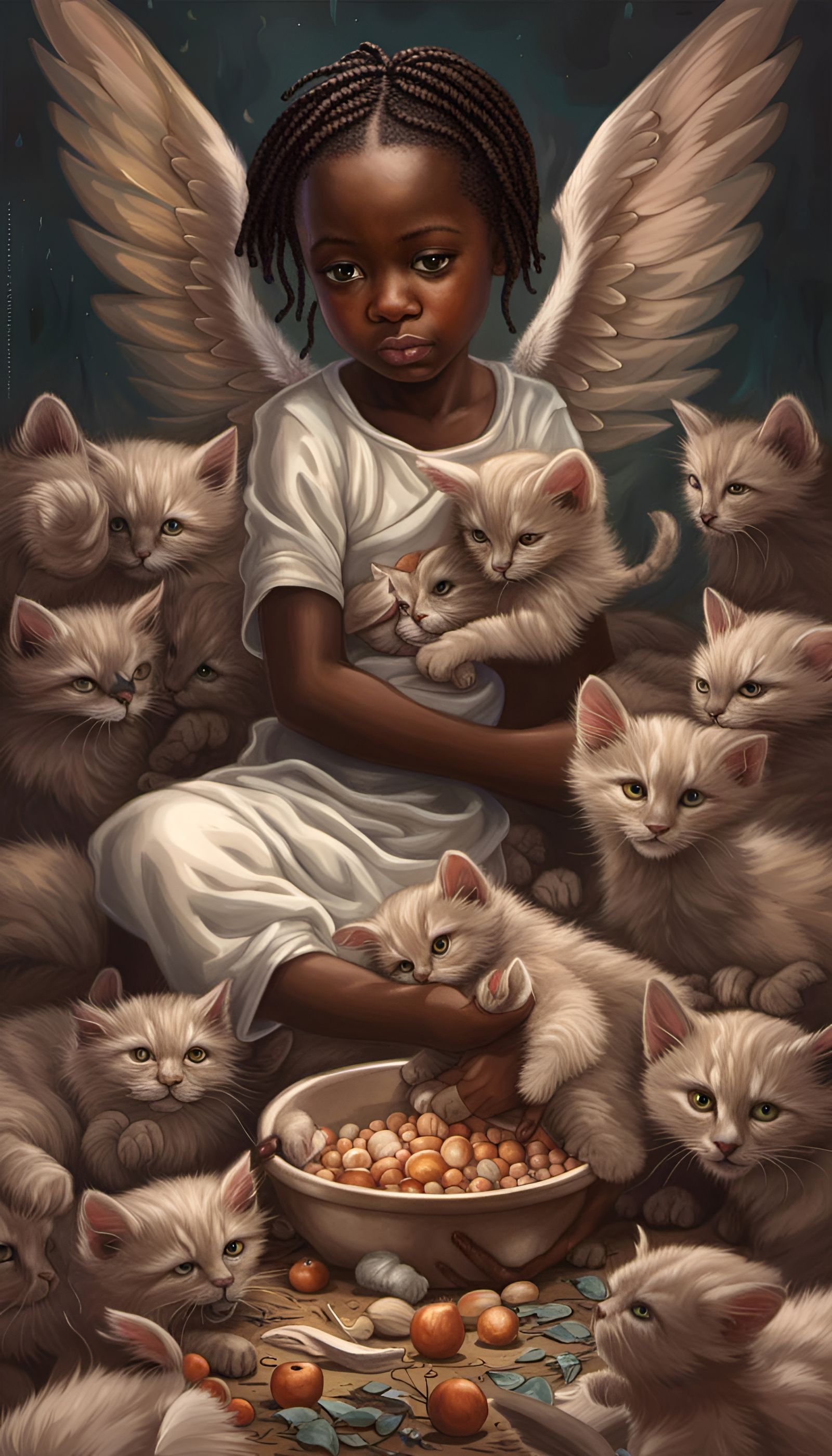 Angelic Girl Feeds Kittens: A Hyperrealistic Depiction