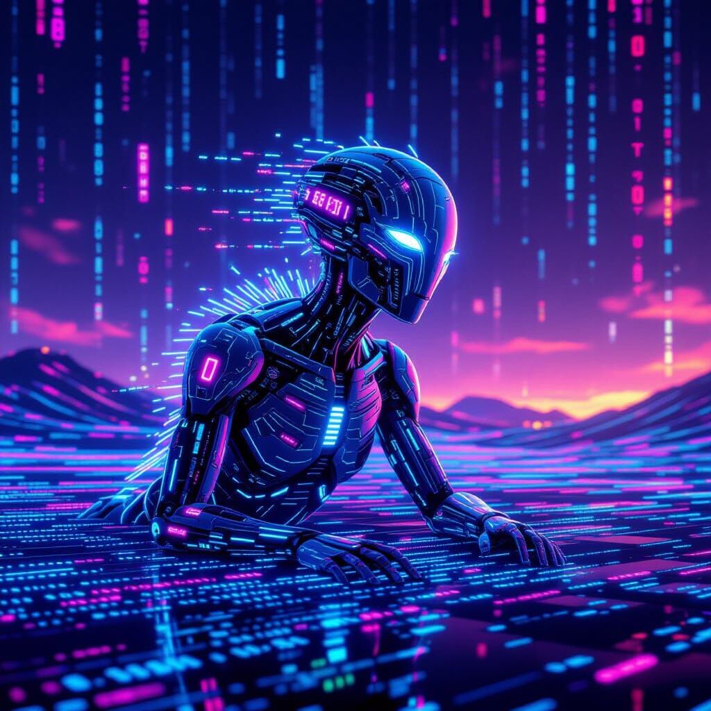 Sci-Fi Concept Art: Digital Being in Code Landscape