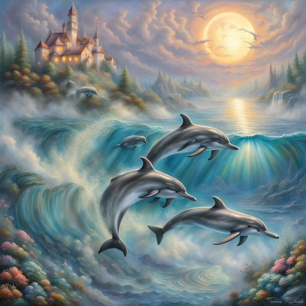 Dolphins in Sun and Moon Scape