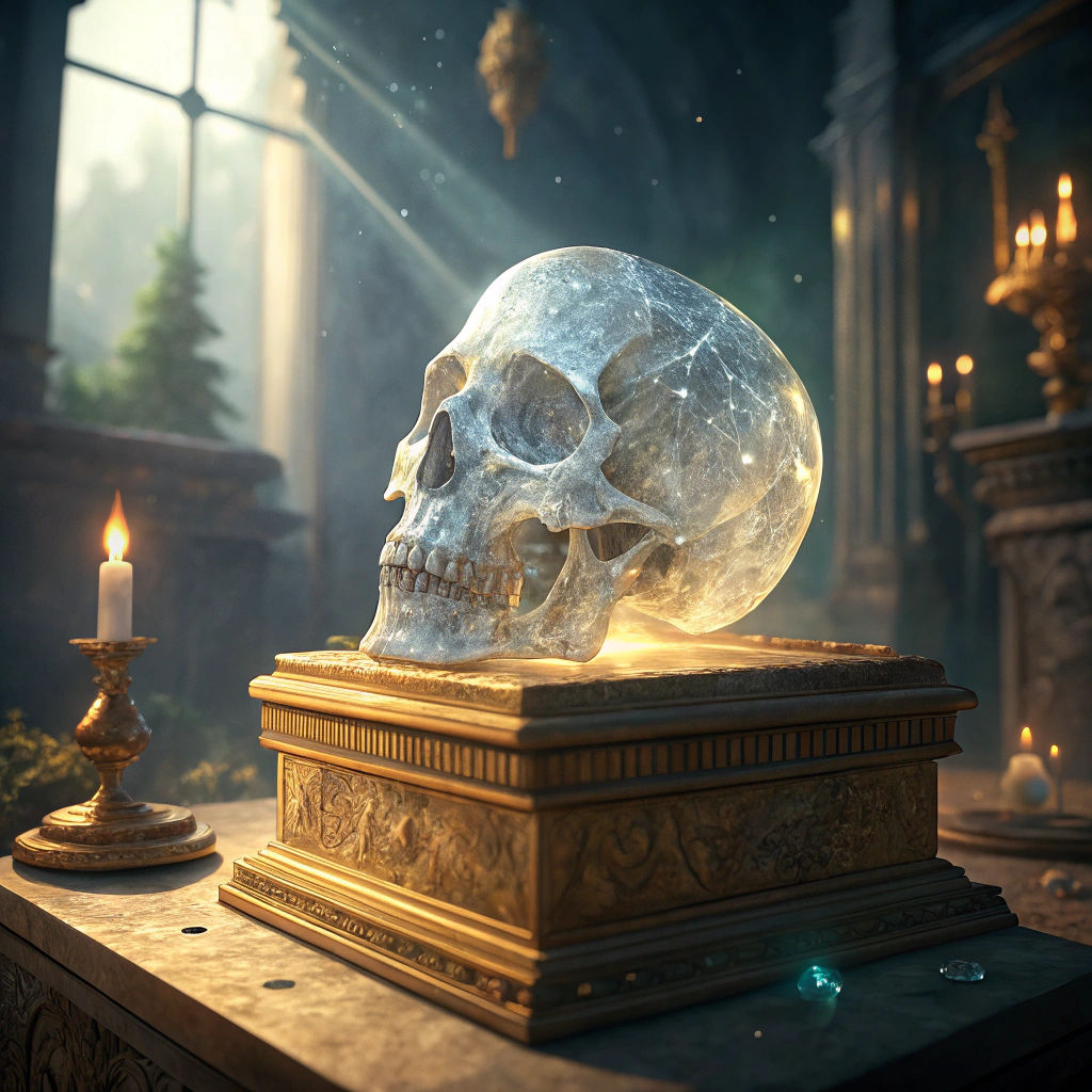 An ethereal crystal skull sitting on a golden altar. vortici...
