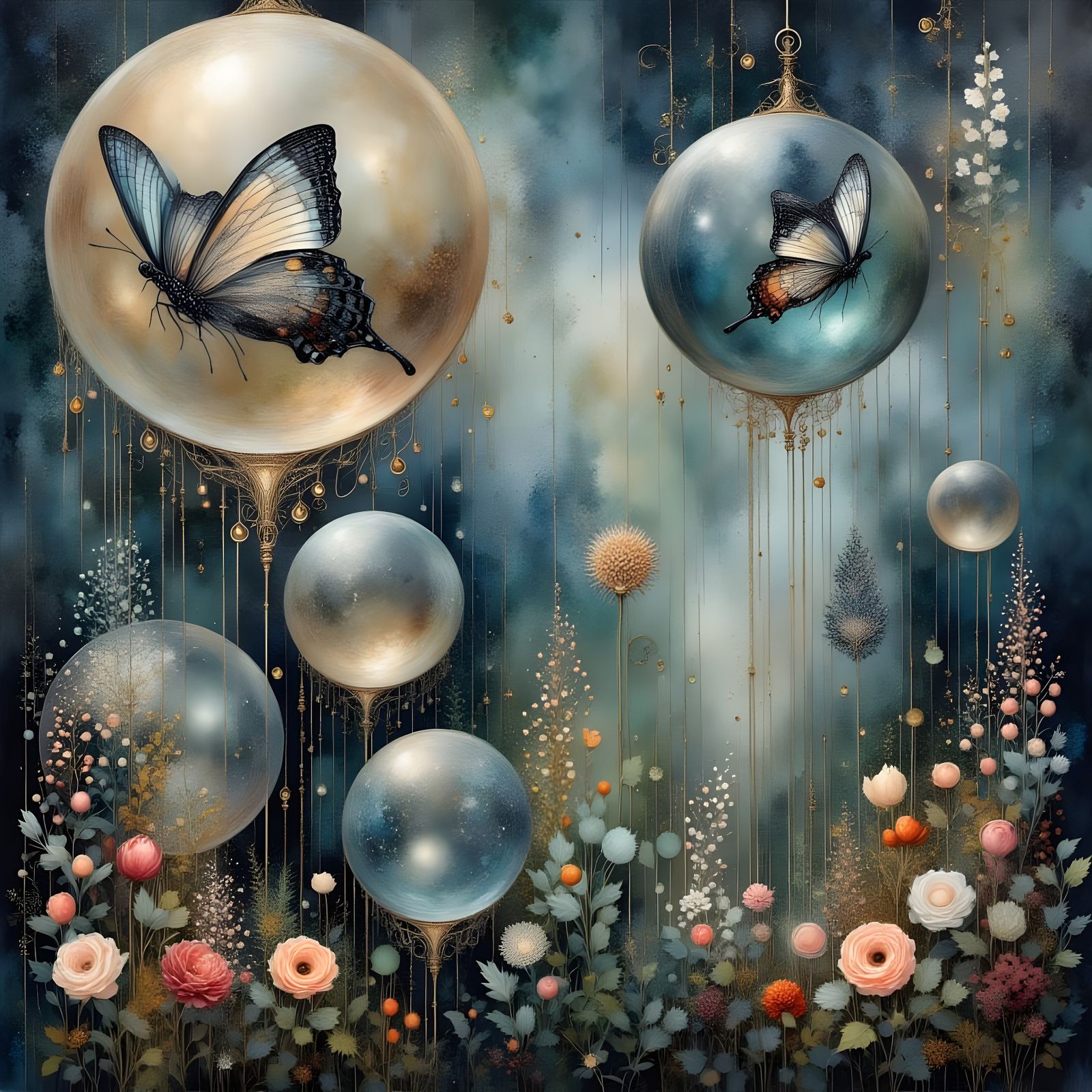 Butterflies in Bubbles with Vintage Garden Background