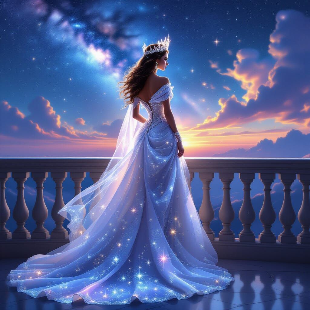 Majestic Queen With Starlight Crown and Nebula Sky