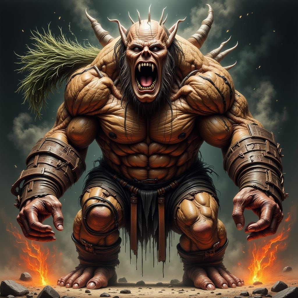 Muscular Creature in Agony, Dark Fantasy Illustration