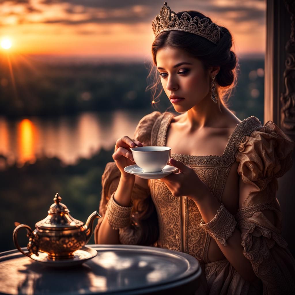 Hyperrealistic Princess at Sunset with Tea