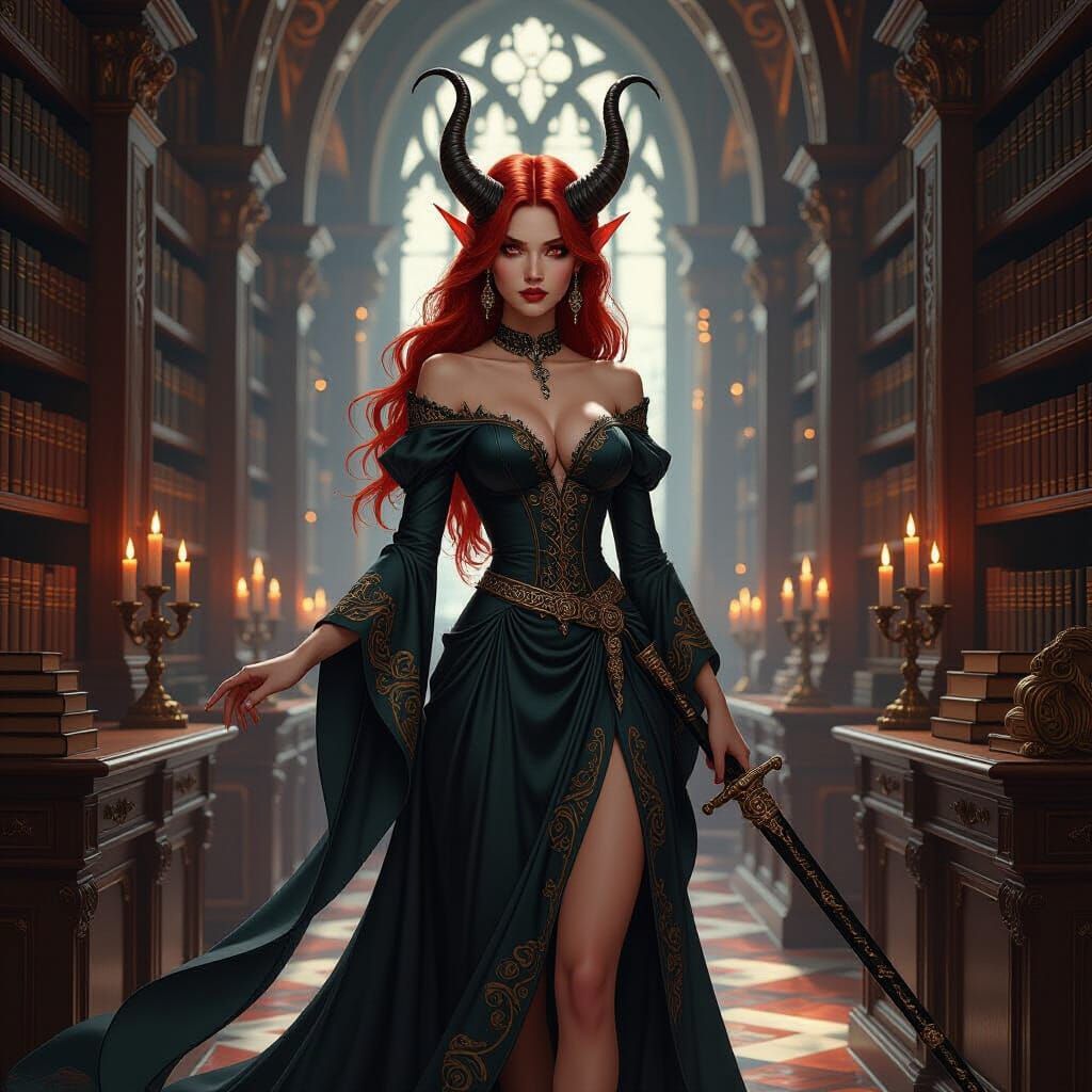 Tiefling in Hidden Library, Baroque Fantasy Art