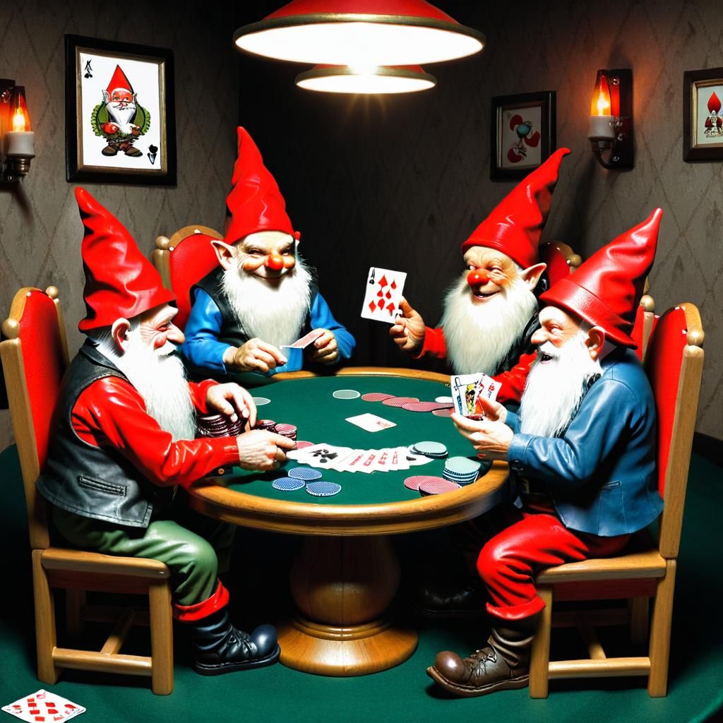Gnomes Playing Poker in a Whimsical Scene