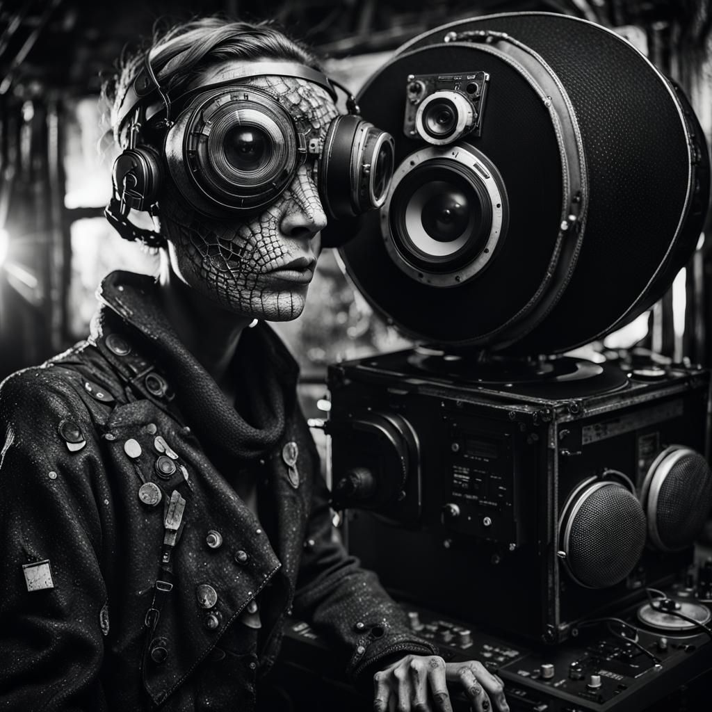 Cyberpunk Model in Haunted House, Black and White Portrait