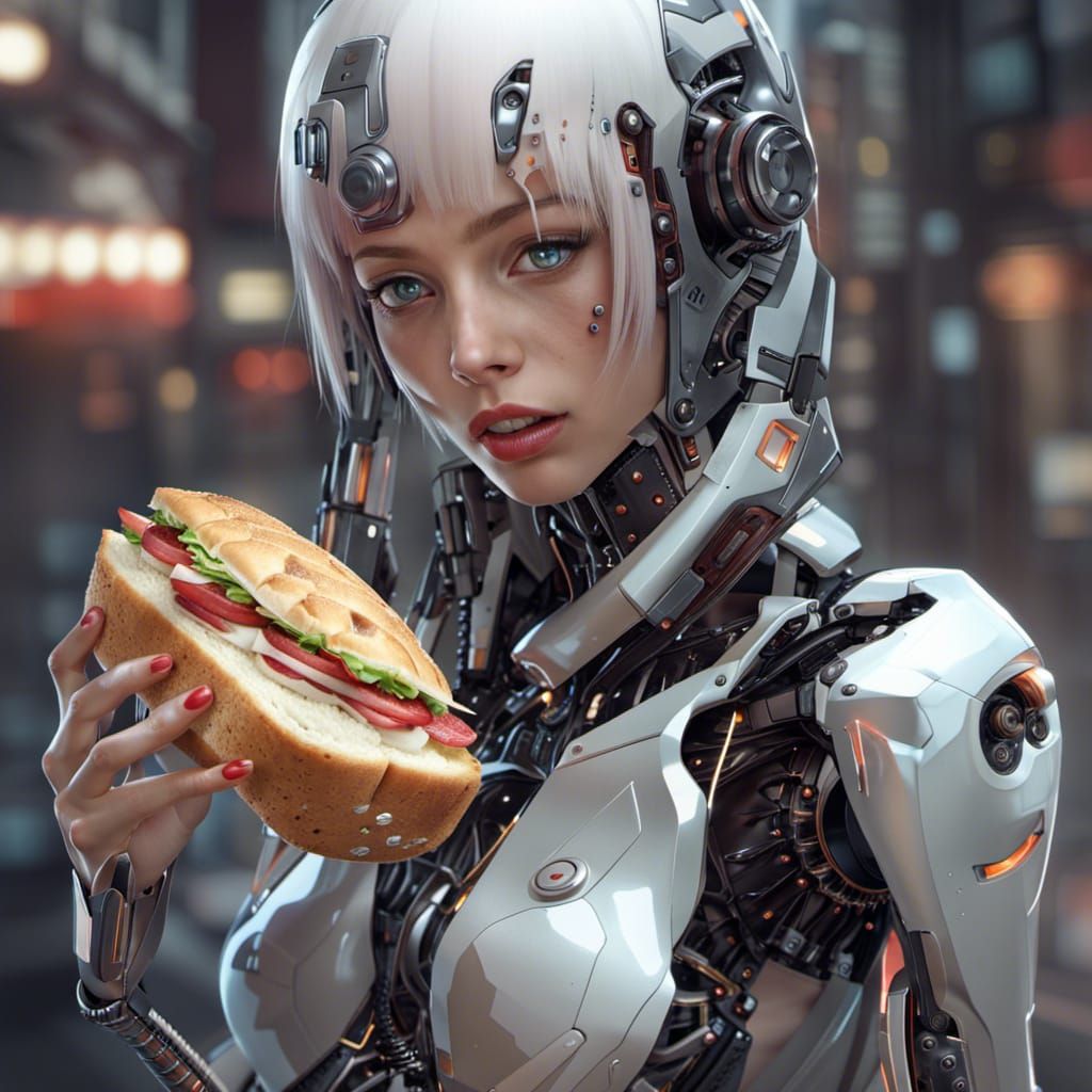 AI Cyborg Girl Eats Sandwich: Digital Art