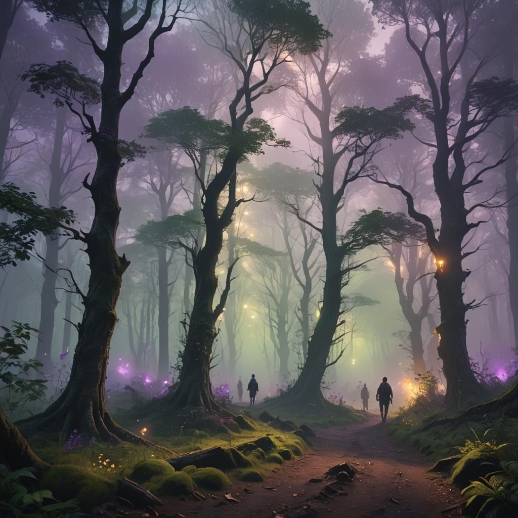 Mystical Forest Walk Through Swirling Fog, Fantasy Art