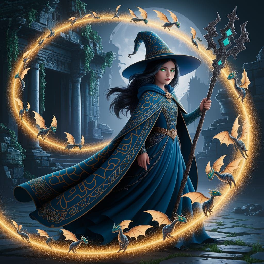 Young Witch with Swarm of Dragons in Mystical Temple Ruins