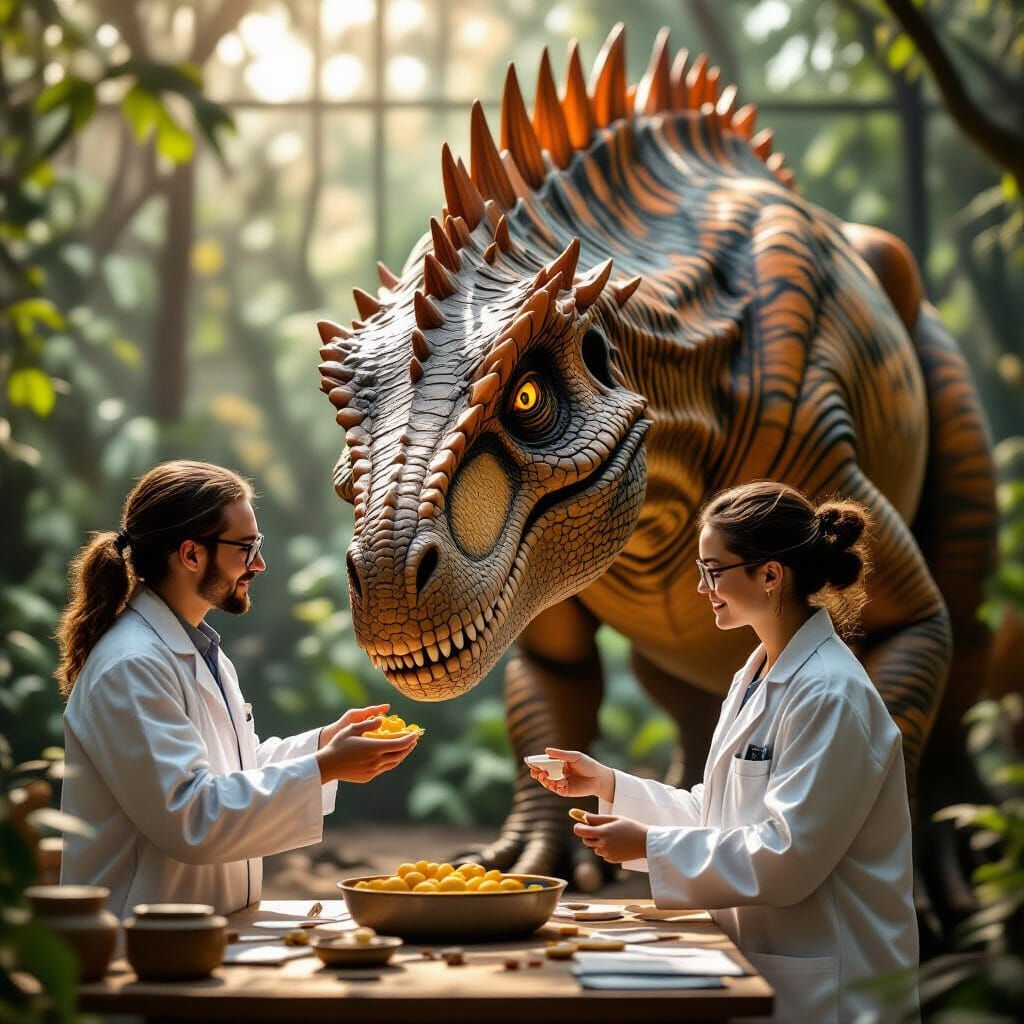 Dinosaur and Scientist in Warm Golden Light