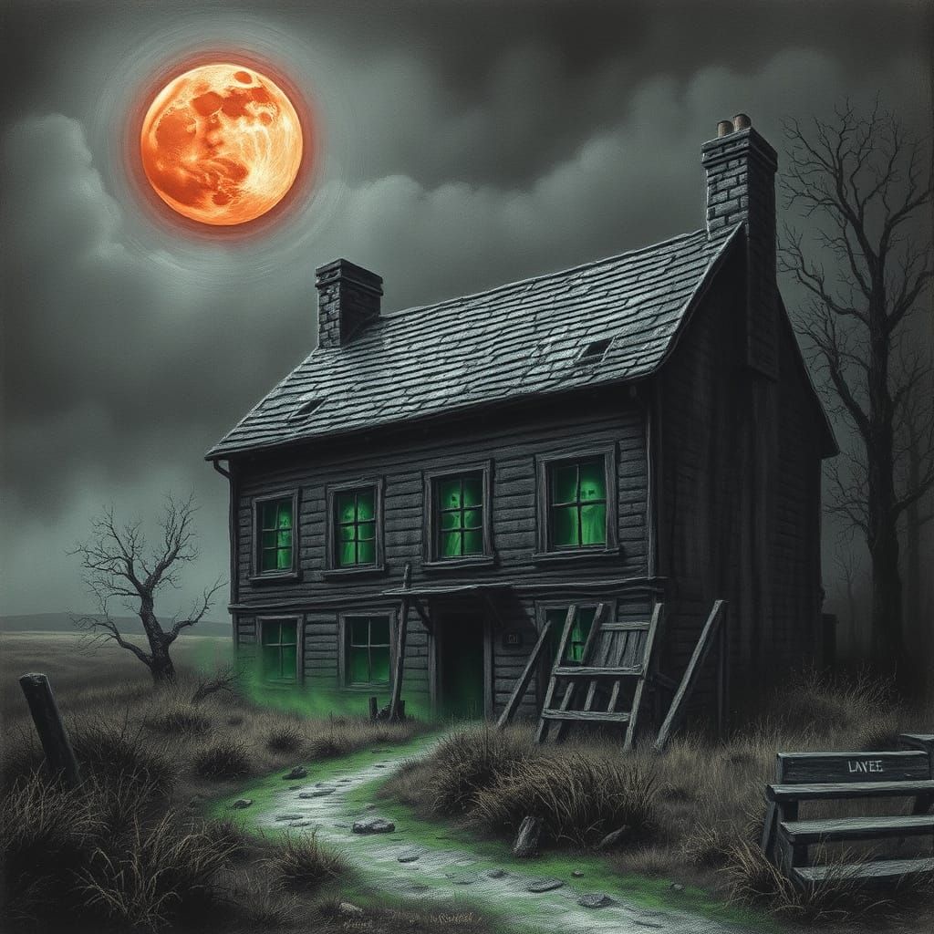 Haunted Tavern on Moor Under Blood Moon