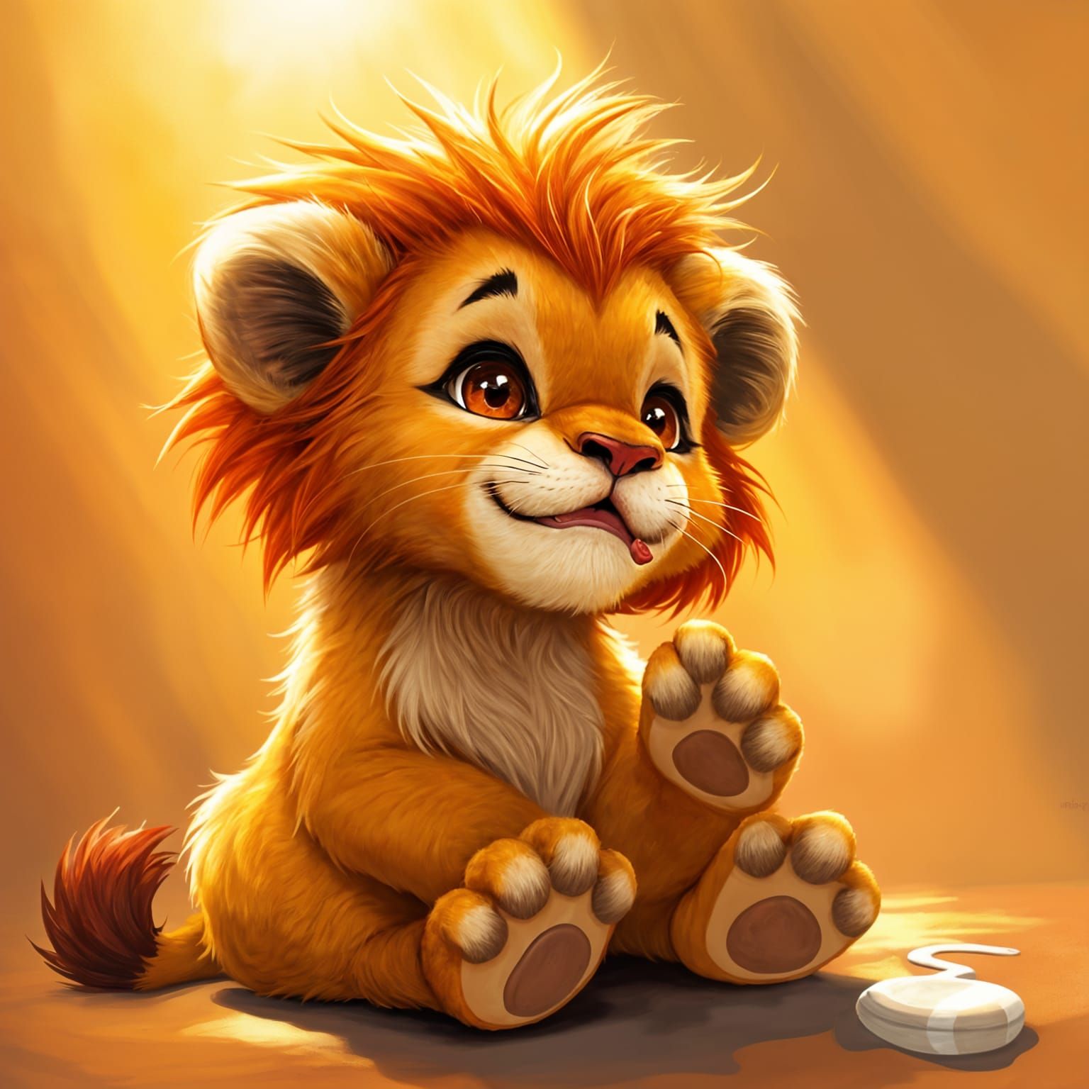 Adorable Fire Lion Cub Licking Paws